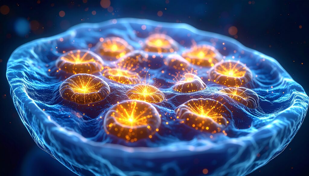 Eine künstlerische, mikroskopische Nahaufnahme einer menschlichen Zelle. Im Inneren leuchten Dutzende von Mitochondrien wie kleine, goldene Kraftwerke oder Sterne und strahlen Energie in ihre Umgebung ab.