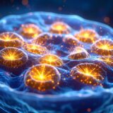 Eine künstlerische, mikroskopische Nahaufnahme einer menschlichen Zelle. Im Inneren leuchten Dutzende von Mitochondrien wie kleine, goldene Kraftwerke oder Sterne und strahlen Energie in ihre Umgebung ab.