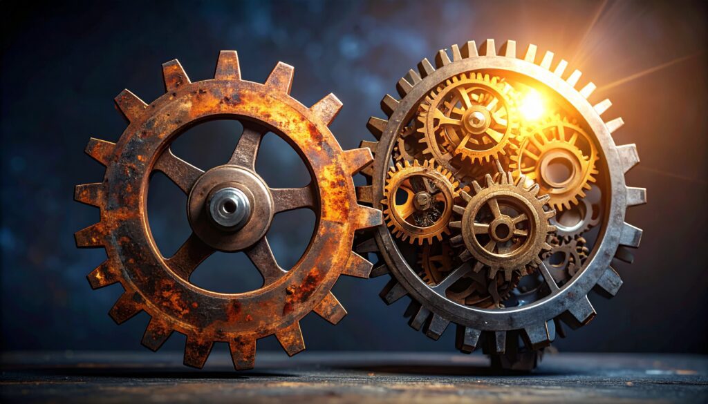 Eine visuelle Metapher für den Zinseszins: Auf der linken Seite ein einzelnes, rostiges Zahnrad, das stillsteht. Auf der rechten Seite ein komplexes, ineinandergreifendes System aus vielen kleinen, glänzenden Zahnrädern, die sich harmonisch bewegen und ein warmes Licht erzeugen.