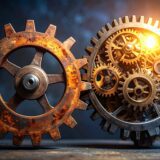 Eine visuelle Metapher für den Zinseszins: Auf der linken Seite ein einzelnes, rostiges Zahnrad, das stillsteht. Auf der rechten Seite ein komplexes, ineinandergreifendes System aus vielen kleinen, glänzenden Zahnrädern, die sich harmonisch bewegen und ein warmes Licht erzeugen.
