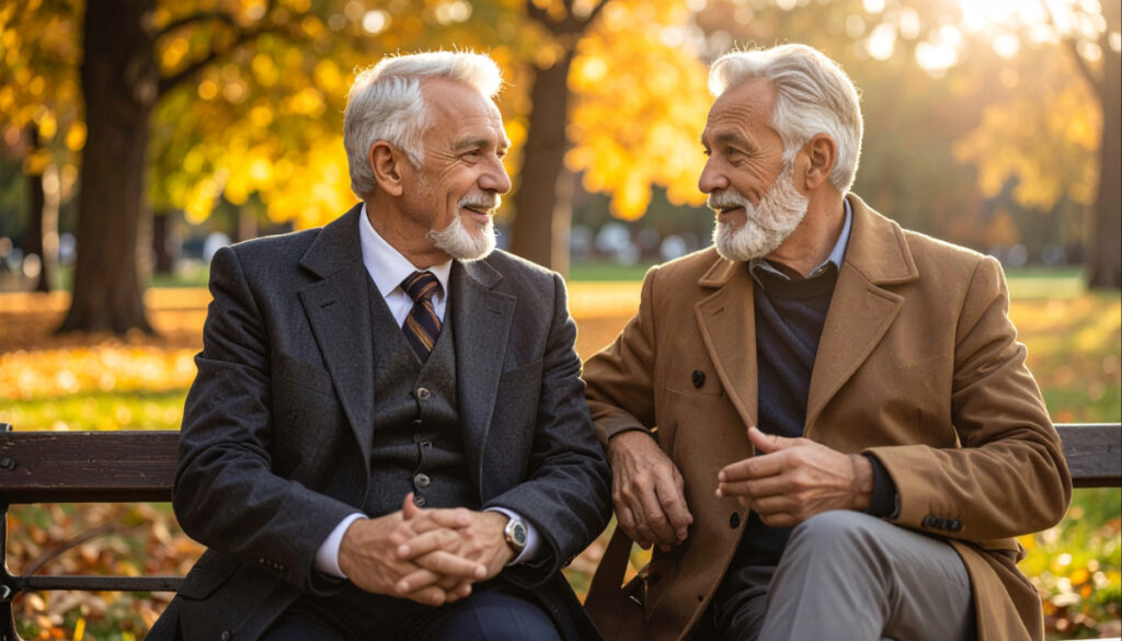Zwei reifere, gut gekleidete Männer sitzen auf einer Parkbank im Herbst, in ein tiefes, positives Gespräch vertieft. Einer hört aktiv zu, der andere gestikuliert leicht. 
