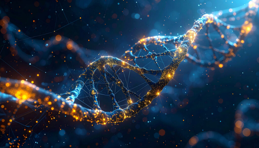 Eine abstrakte, elegante Visualisierung einer DNA-Doppelhelix, die sich in ein komplexes, leuchtendes Netzwerk aus verbundenen Punkten und Linien verwandelt.